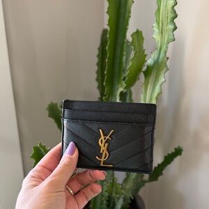 YSL Black Card Holder with Gold Logo